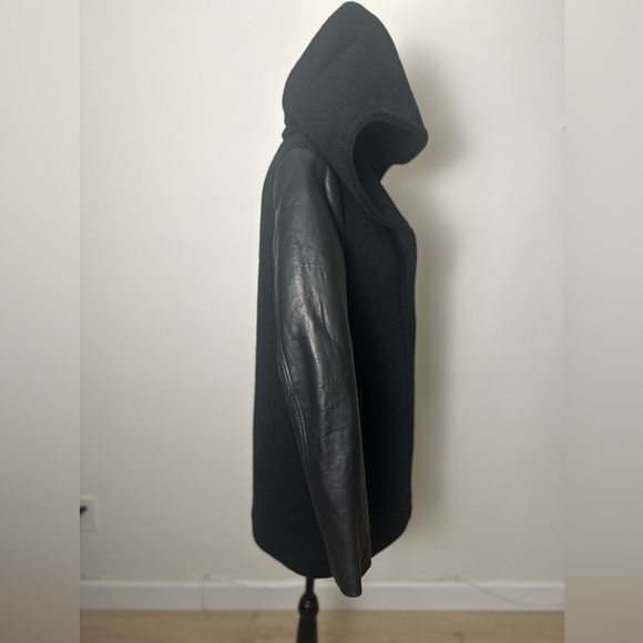 SOÏA & KYO Women’s Size Medium Black Wool Hooded Coat with Lamb Leather Sleeves - Picture 7 of 14